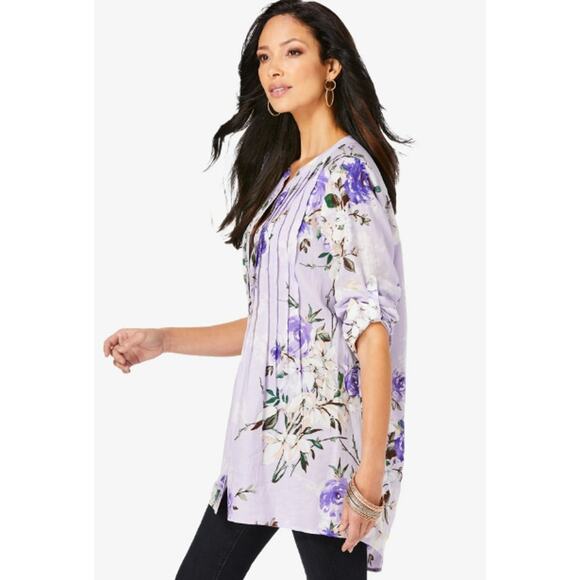 Roaman's Top Womens 24W Tunic Blouse Pintuck Button Lilac Purple Floral Spring - Picture 2 of 12